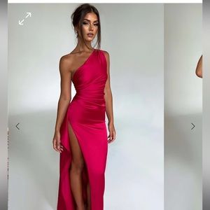 Floor length formal ruby red gown from BabyBoo with high leg slit.
